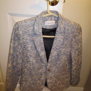 Calvin Klein 2 Piece Linen, Polyester + Cotton Blue+White Skirt Suit Size=12P